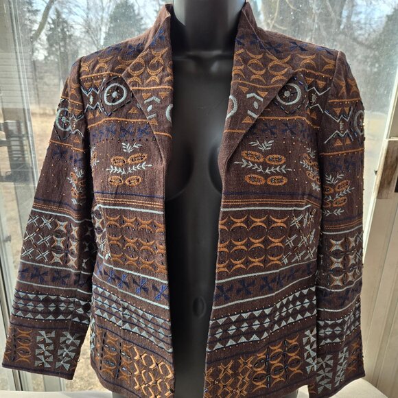 Coldwater Creek Brown Embroidered Beaded Blazer Jacket Aztec - Picture 1 of 10